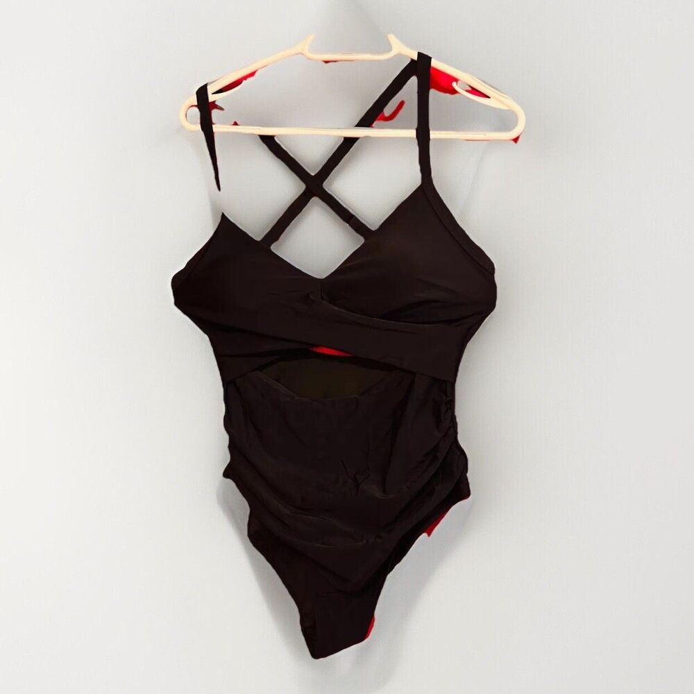 #8613 EOMENIE WOMEN'S BLACK ONE PIECE HIGH CUT BATHING SUIT SIZE M